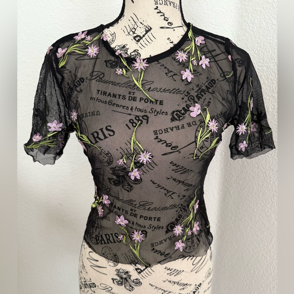 Ivy & Main Floral Embroidered Sheer Black Top